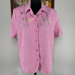 Alfred Dunner Button Up Blouse Shirt Top Women 18 Pink Check Floral Shoulder Pad